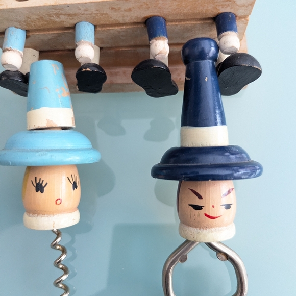 Vintage 1950s Wooden Wine Opener & Bottle Opener Bar Tools Wood Dolls in Stocks - Picture 7 of 10